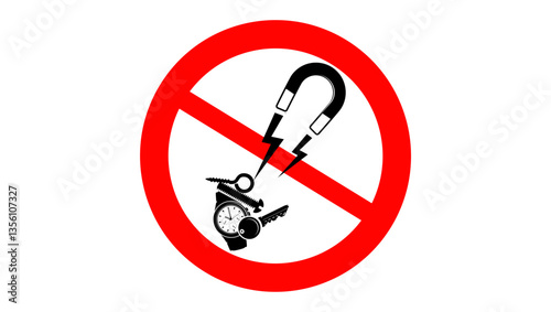 Prohibition No metallic articles or watches , black and red isolated silhouette