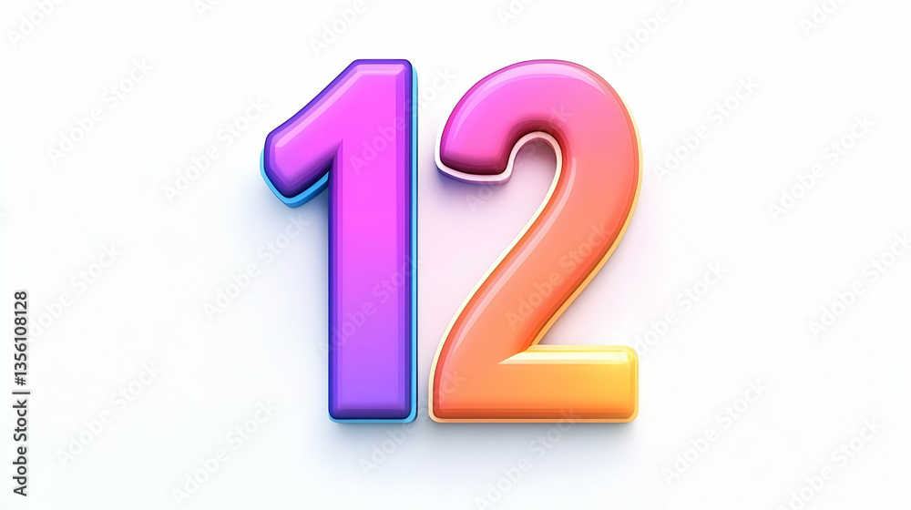 Colorful 3D Number Twelve with Bright Gradient Style for Design Use