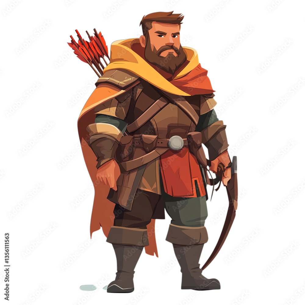 Obraz premium A cartoon style archer with a beard and cape stands with arrows and a bow