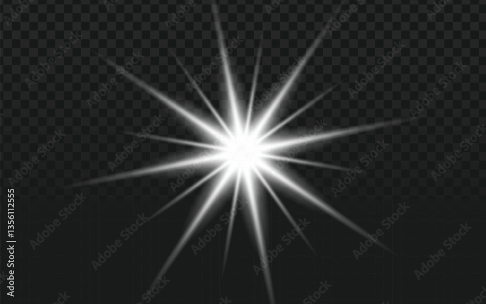 A white starburst light effect, digital design. Bright center, radiating lines. Transparent background, overlay for images. A white starburst light effect, digital design. Bright center, radiating lines. Transparent background, overlay for images.