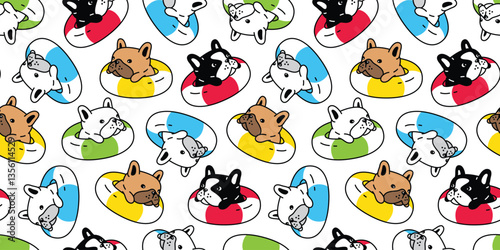 dog seamless pattern french bulldog inflatable swimming ring pool beach ocean puppy vector pet breed cartoon gift wrapping paper repeat wallpaper tile background doodle illustration isolated design