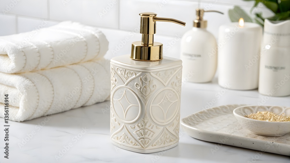 Elegant Ceramic Soap Dispenser with a Gold Pump, Isolated on a White Background, perfect for adding a touch of elegance to any bathroom or kitchen space, High-Resolution Bathroom Accessory Stock Photo