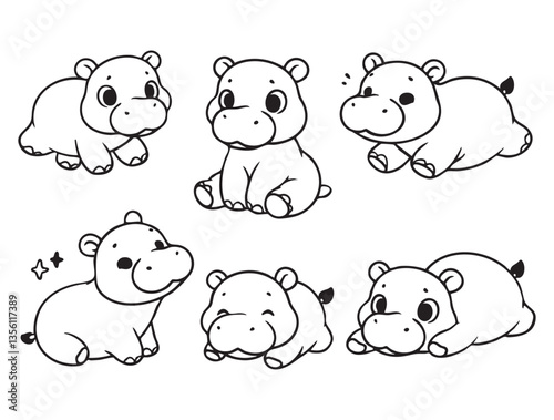 Set of hippopotamus in various poses with hand-drawn vector illustrations. Doodle line art style, isolated and easy to use for creative projects and designs.