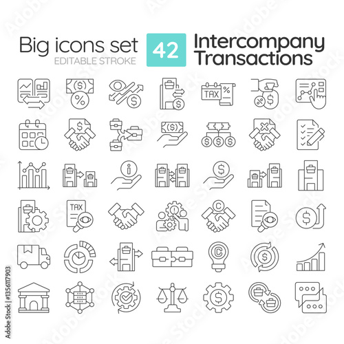 Intercompany transactions linear icons set. B2B finances transfers. Commercial activity solutions. Customizable thin line symbols. Isolated vector outline illustrations. Editable stroke