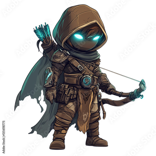 A hooded archer with glowing eyes and a bow drawn ready to fire an arrow
