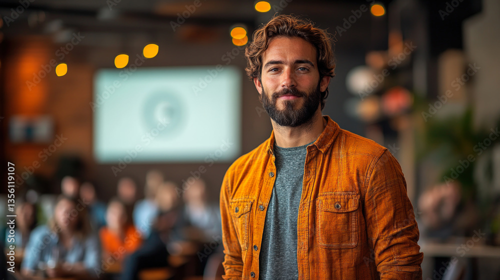 Obraz premium Confident Young Man Speaking at Casual Business Event 