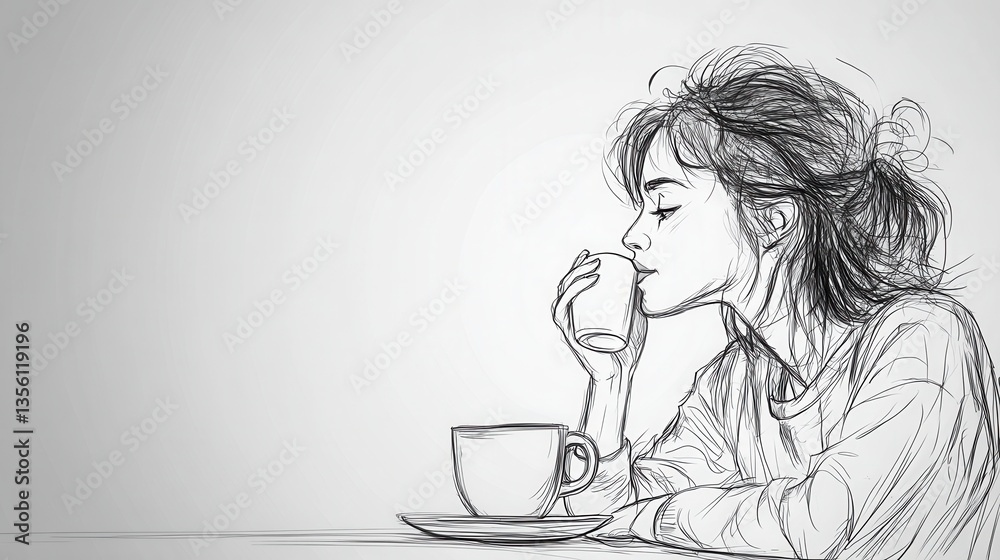 Fototapeta premium Thoughtful Young Woman Enjoying Coffee in Minimalist Style with Pencil Sketch Effect Capturing Tranquility and Reflection in a Cozy Atmosphere