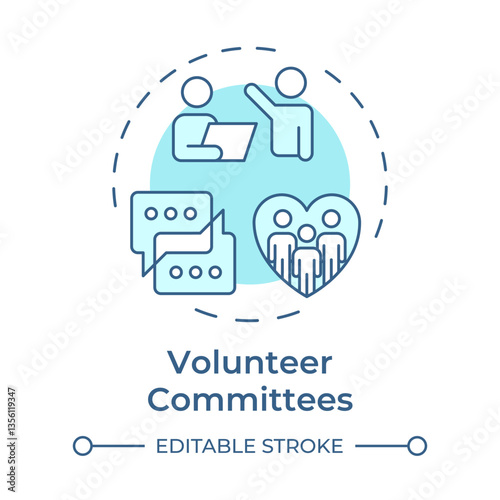 Volunteer committees soft blue concept icon. Collaboration on specific projects. Contribution type. Round shape line illustration. Abstract idea. Graphic design. Easy to use in brochure