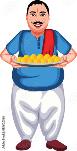 Indian Confectioner (Halwai) Holding Laddu Plate Cartoon Character Vector Illustration