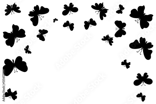 Butterflies silhouette flying, top border arrangement isolated on white background. Random scattered butterfly silhouettes for banners, print design, packaging, posters.