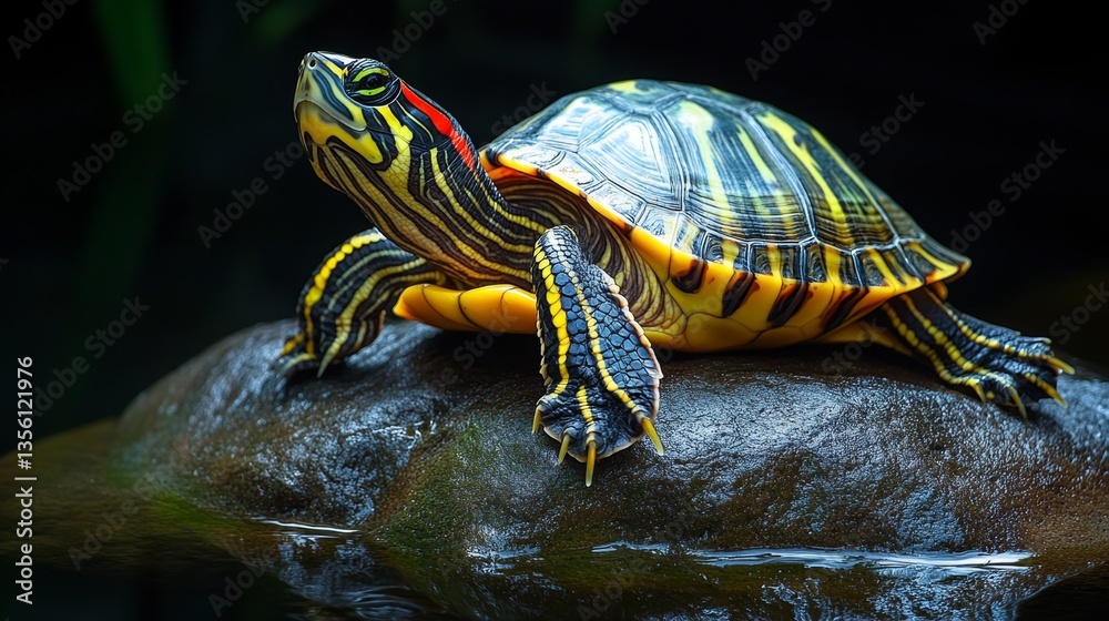 Small Turtles Resting on Rocks by Water in Natural Habitat Small Turtles Resting on Rocks by Water in Natural Habitat