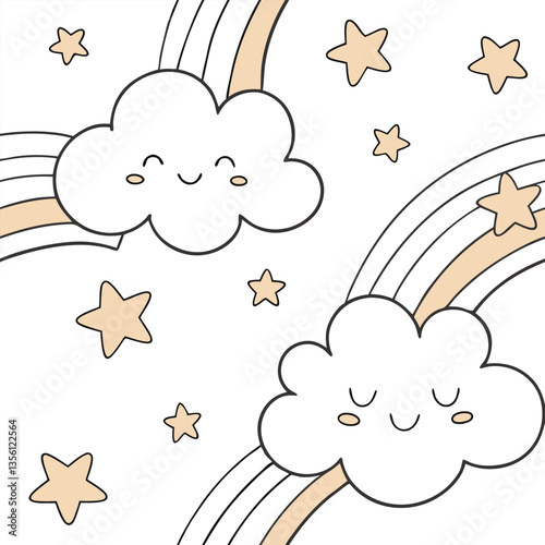 A seamless pattern of dreamy pattern of soft fluffy clouds on white background