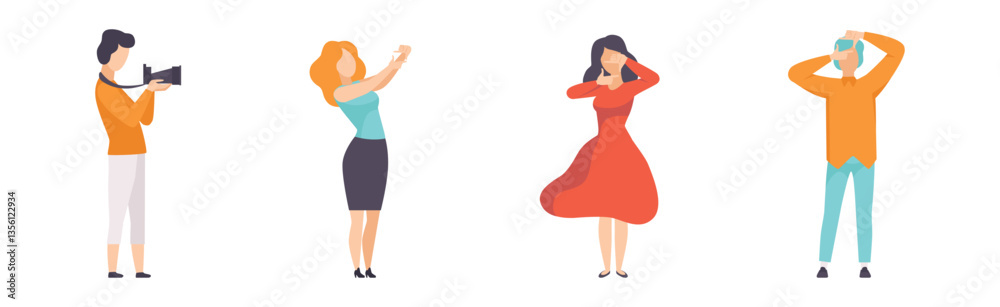 Naklejka premium Male and Female Photographers Take Pictures with Cameras Vector Set