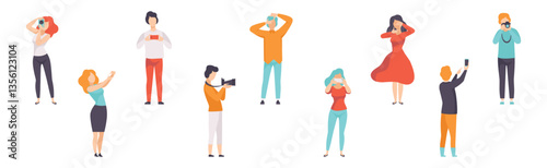 Male and Female Photographers Take Pictures with Cameras Vector Set
