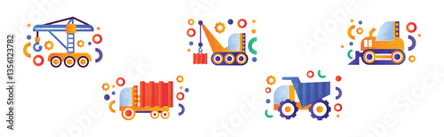 Construction Equipment and Heavy Machinery Flat Icon and Pictogram Vector Set