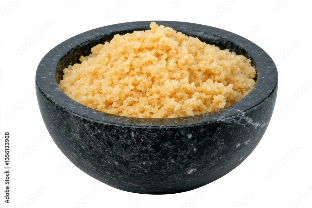 Fine Yellow Granulated Substance in Dark Stone Bowl for Cooking and Culinary Presentation Fine Yellow Granulated Substance in Dark Stone Bowl for Cooking and Culinary Presentation