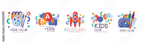 Kids Land and Club Original Logo Design for Kindergarten Vector Set