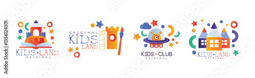 Kids Land and Club Original Logo Design for Kindergarten Vector Set