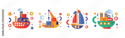 Flat Ship and Sea Vessel Colorful Icon as Seafaring and Marine Cruise Vector Set