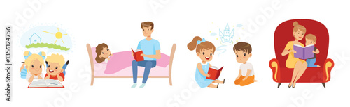 Adorable Children Reading Fairytale Fantasy Book with Mom and Dad Vector Set
