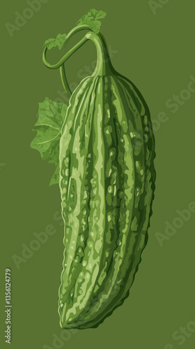 Minimalist Vector Illustration of Green Bitter Melon with Leaf for Food and Design Concepts