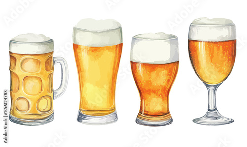 Watercolor Illustration of Various Beer Glasses with Frothy Heads Realistic Style