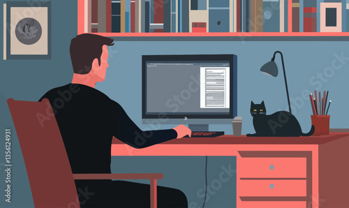 Minimalist Home Office Scene with Man Working at Computer and Cat on Desk