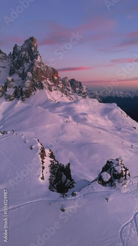 Vertical View Of Pale di San Martino With Monte Castellaz And Cristo Pensante In The Foreground In Trentino, Italy. Aerial Shot photo