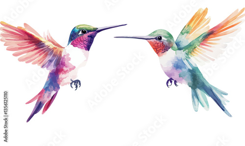 Elegant Watercolor Hummingbird Pair in Minimalist Style for Graphic Design