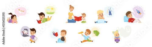 Adorable Children Reading Fairytale Fantasy Book with Mom Vector Set