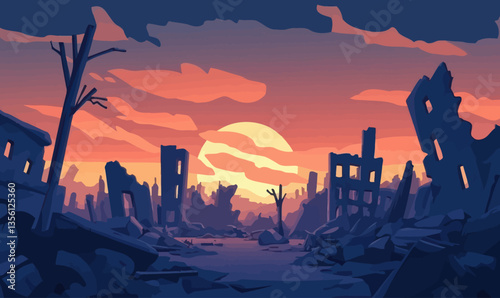 Post-Apocalyptic Ruined Cityscape at Sunset with War-Torn Buildings