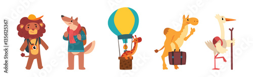 Funny Animal Tourist or Travelers with Backpack Vector Set