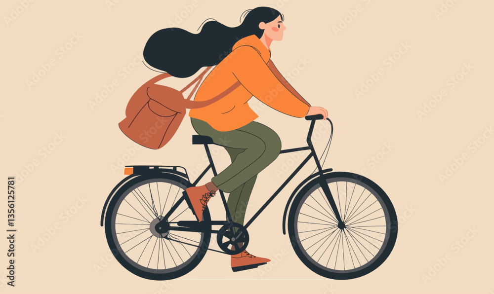 Fototapeta premium Stylish Woman Riding Bicycle in Minimalist Vector Illustration for Urban Commuting Concept