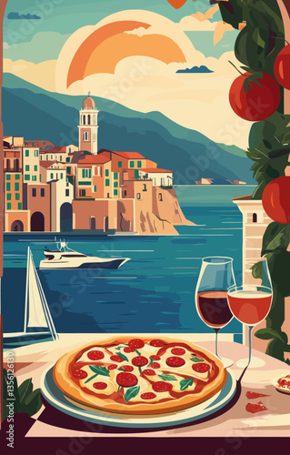 Retro Italy Travel Poster with Pizza and Mediterranean Landscape