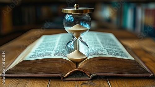 Vintage hourglass placed on an open book, made of glass with sand flowing, symbolizing the passage of time.