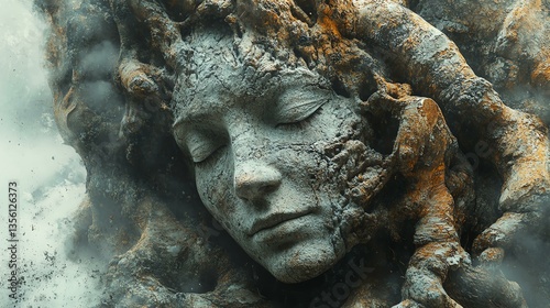 Serene stone face entwined with nature's roots.