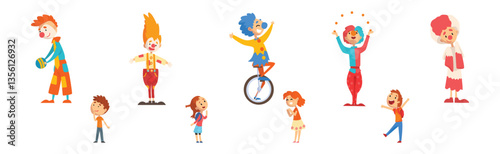 Funny Clown Character Performing Show for Kids Vector Set