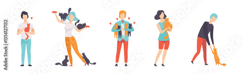 People Cat Lover as Pet Owners Playing and Caring of Their Domestic Animal Vector Set