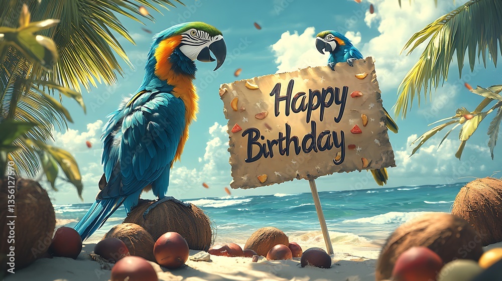 Fototapeta premium A breathtaking paradise island scene with a parrot and a toucan sitting near a beach, holding a large palm-leaf