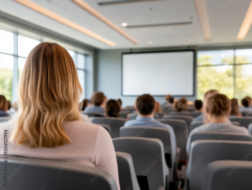 Audience watches blank presentation screen Audience watches blank presentation screen