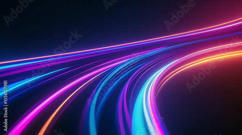 Colorful curved light trails in blue, pink, and orange on a dark background