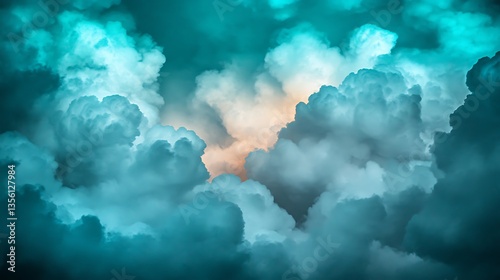 Teal and white cloudscape, dramatic sky.