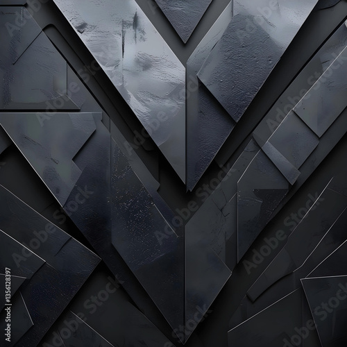 A dark, abstract geometric background featuring overlapping textured metallic panels in shades of black and gray. The composition has a rugged, industrial feel with subtle lighting