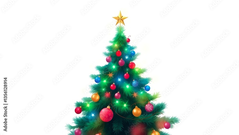 A dazzling Christmas tree, glowing with festive lights and colorful ornaments, a symbol of joy and holiday cheer against a bright white background. A dazzling Christmas tree, glowing with festive lights and colorful ornaments, a symbol of joy and holiday cheer against a bright white background.