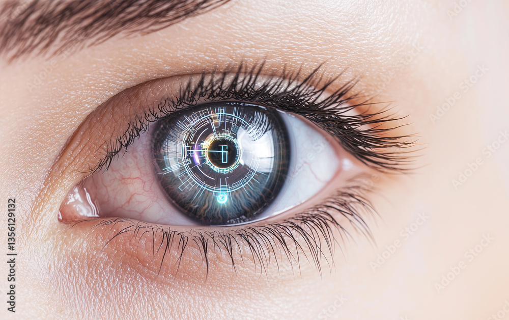 Obraz premium Human Eye with Futuristic Technology Interface, Digital Overlay, Bionic Vision Concept.