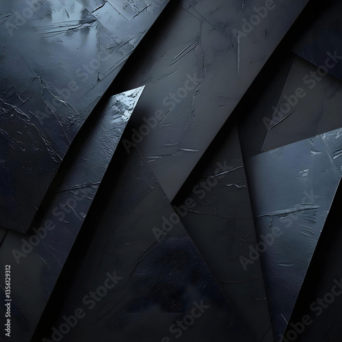 A dark, abstract geometric background featuring overlapping textured metallic panels in shades of black and gray. The composition has a rugged, industrial feel with subtle lighting