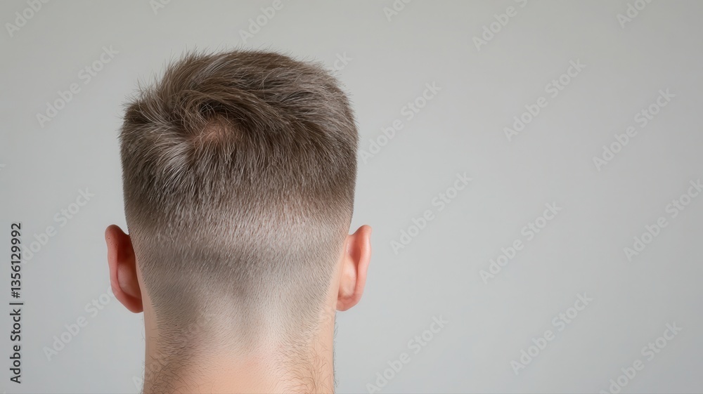 Obraz premium Close-up of a fresh haircut showcasing a stylish fade on the back of a person's head against a neutral background.