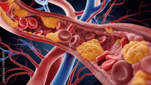 Vascular system showing blood cells and cholesterol buildup in arteries under a microscope