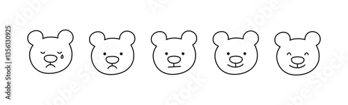 Cute doodle bear face icon set. Smile, sad and cry bear. Teddy kawaii emoji. Hand drawn animal emoticon. Expression teddy head. Good and bad mood. Vector illustration isolated on white background.