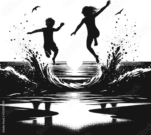 vector silhouettes of children on the beach